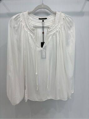 NWT - Kobi Halperin White Smocked Neck Peasant Blouse